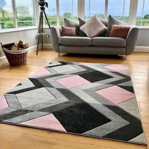 New Blush Pink Silver Grey Rugs Small Large Mats Modern Contemporary Design UK