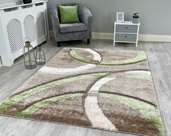 New Silky Soft Green, Beige, Hand Tufted Rings Design Shag Pile Rug