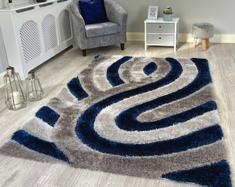 New Silky Soft Navy, Grey, Silver, Tufted Swirl 3D Design Rug