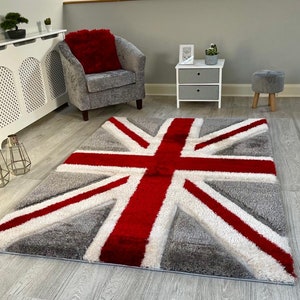 New Silky Soft Red, Grey, Ivory, Hand Tufted Union Jack Flag Design Shag Pile Rug