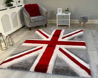 New Silky Soft Red, Grey, Ivory, Hand Tufted Union Jack Flag Design Shag Pile Rug