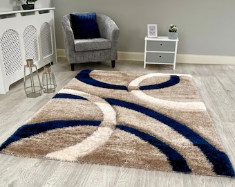 New Silky Soft Navy, Beige, Ivory, Hand Tufted Rings Design Shag Pile Rug