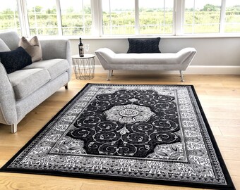 Black Grey Silver Classic Traditional Vintage Thick Living Room Carpet Runners Floral Persian Style Rugs