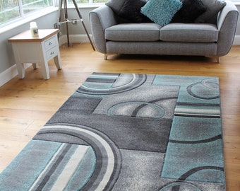 New Duck Egg Blue Silver Grey Rugs Small Large Mats Modern Contemporary Design UK