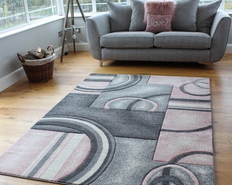 New Blush Pink Silver Grey Cream Rugs Small Large Mats Modern Circles Design UK