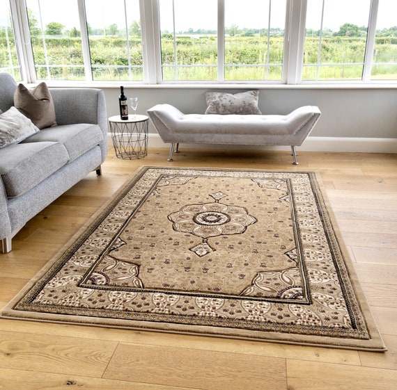 Beige Classic Traditional Vintage Thick Living Room Carpet Runners Floral Persian Style Rugs