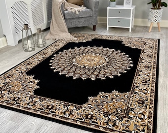 New Modern Black Beige Mandala Rugs Mats Large Small Hallway Runner Area Carpet