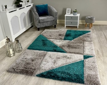 New Silky Soft Jade, Grey, Silver, Tufted Triangles 3D Design Rug