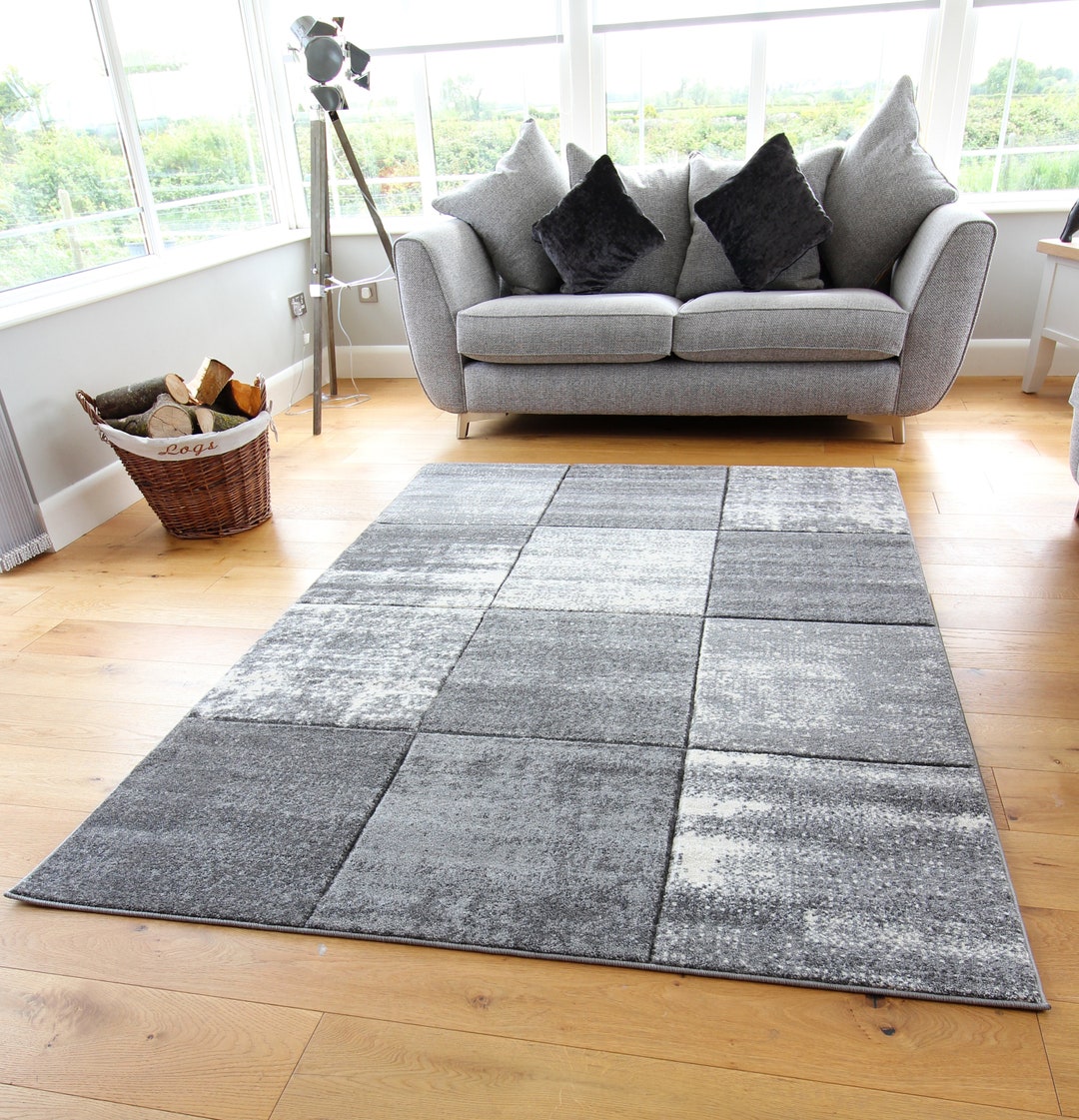 New Silver Grey Cream Rugs Small Large Mats Modern Blocks Design UK - Etsy