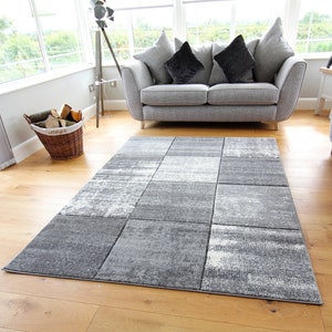 New Silver Grey Cream Rugs Small Large Mats Modern Blocks Design UK