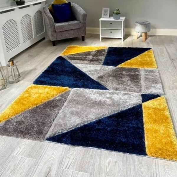 New Silky Soft Ochre Mustard, Navy, Grey, Silver, Tufted Triangles 3D Design Rug