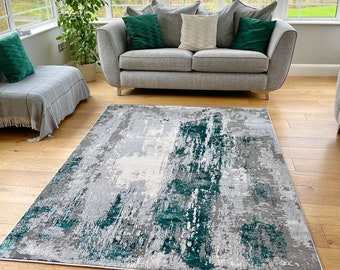 Green Art Shimmer Sheen Effect Modern Rug Silky Soft Chic Design Area Mat