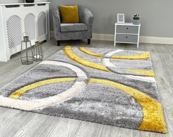 New Silky Soft Mustard, Ochre, Grey, Ivory, Hand Tufted Rings Design Shag Pile Rug