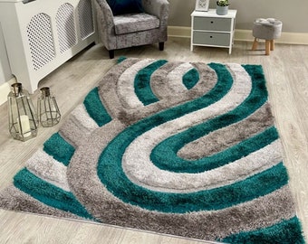 New Silky Soft Jade, Grey, Silver, Tufted Swirl 3D Design Rug