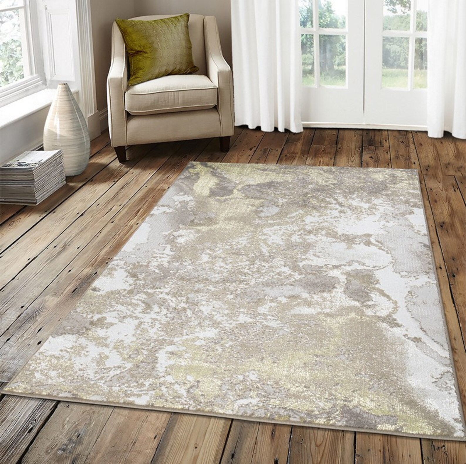 New Modern Beige Gold Splash Design Rug Colourful Silky Soft Good ...