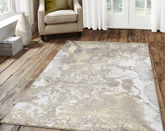 New Modern Beige Gold Splash Design Rug Colourful Silky Soft Good Quality Floor Area Mats UK