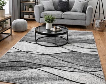 New Silver Grey Wave Rugs Small Large Mats Modern Contemporary Design UK