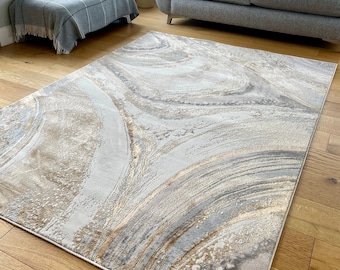 Beige Silver Grey Marble Shimmer Sheen Effect Modern Rug Silky Soft Chic Design Area Mat