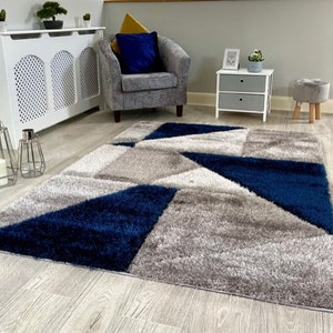 New Silky Soft Navy Blue, Grey, Silver, Tufted Triangles 3D Design Rug