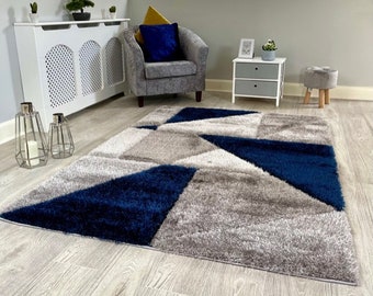 New Silky Soft Navy Blue, Grey, Silver, Tufted Triangles 3D Design Rug