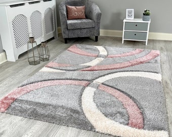 New Silky Soft Pink, Grey, Ivory, Hand Tufted Rings Design Shag Pile Rug