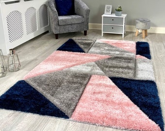 New Silky Soft Blush Pink, Navy, Grey, Silver, Tufted Triangles 3D Design Rug