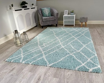 New Duck Egg Blue Cream Soft Modern Shaggy Rug Moroccan Sketch Design Thick Non Shed 5cm Pile