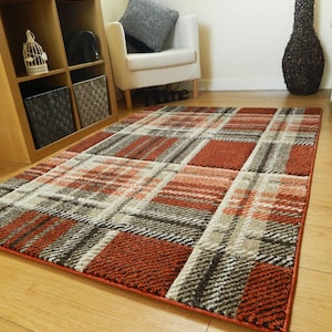 May include: A red, brown and cream plaid area rug with a red border. The rug is on a wooden floor.