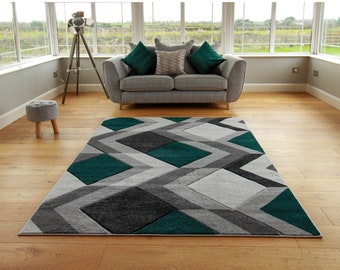 New Emerald Green Silver Grey Rugs Small Large Mats Modern Contemporary Design UK