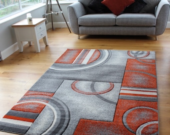 New Burnt Orange Silver Grey Rugs Small Large Mats Modern Contemporary Design UK