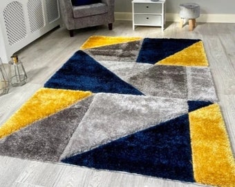 New Silky Soft Mustard, Ochre, Navy, Grey, Silver, Tufted Triangles 3D Design Rug