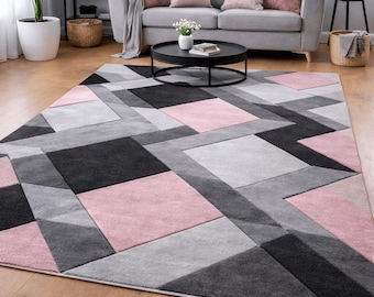 New Blush Pink Silver Grey Rugs Small Large Mats Modern Contemporary Design UK