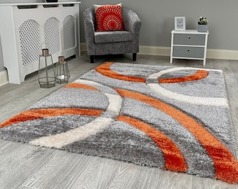 New Silky Soft Orange, Grey, Ivory, Hand Tufted Rings Design Shag Pile Rug