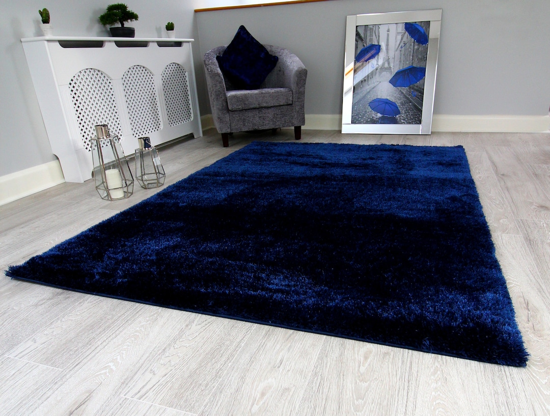 New Plush Navy Blue Thick Silky Soft Shag Pile Rug Modern