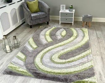 New Silky Soft Green, Grey, Silver, Tufted Swirl 3D Design Rug