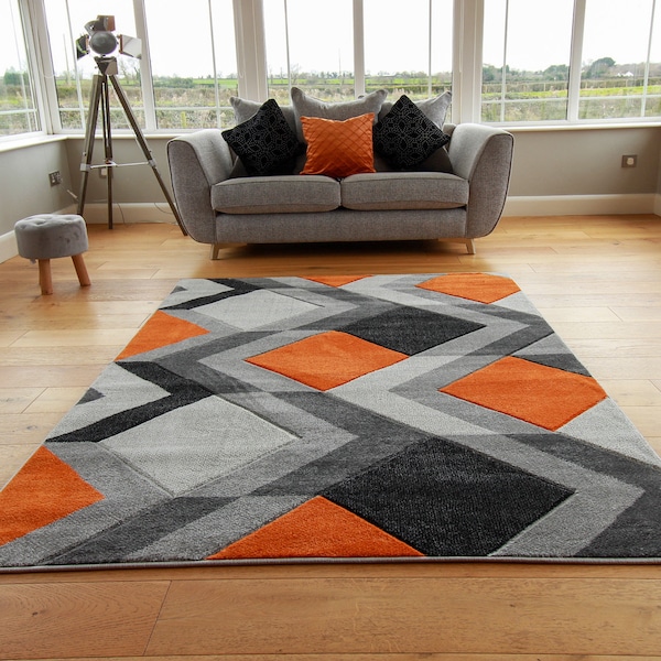 New Orange Silver Grey Rugs Small Large Mats Modern Contemporary Design UK