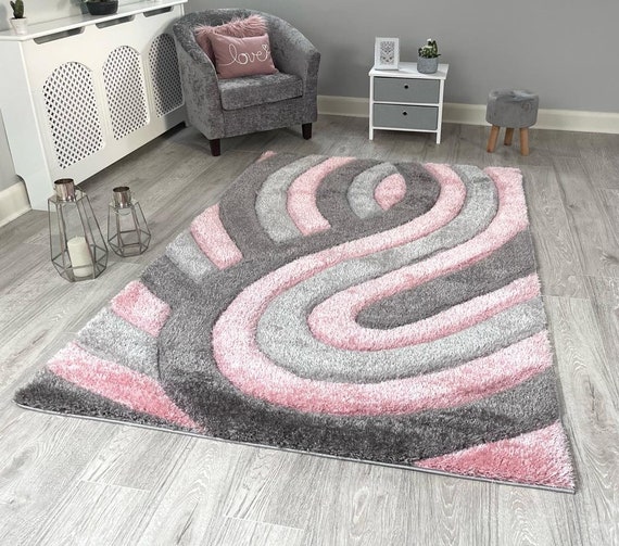 New Silky Soft Blush Pink, Grey, Silver, Tufted Swirl 3D Design Rug 