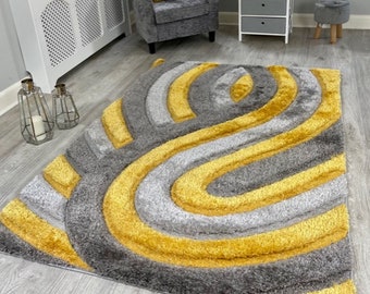 New Silky Soft Mustard Ochre, Grey, Silver, Tufted Swirl 3D Design Rug