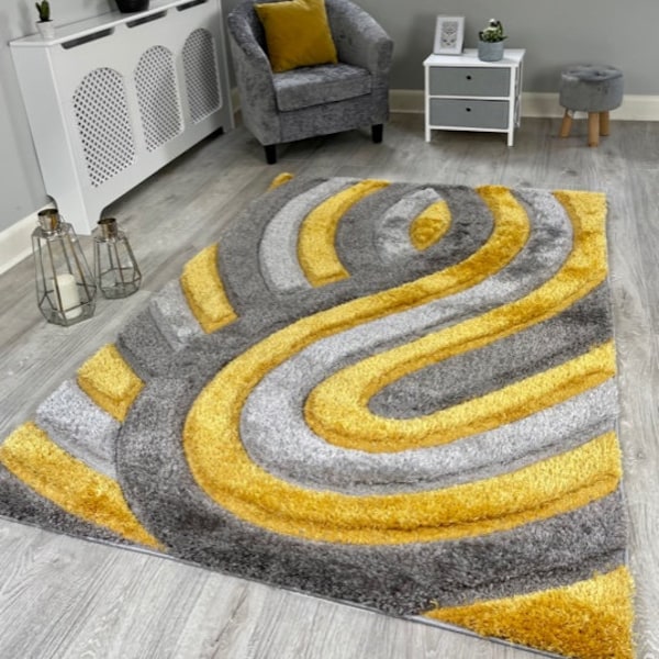 New Silky Soft Mustard Ochre, Grey, Silver, Tufted Swirl 3D Design Rug