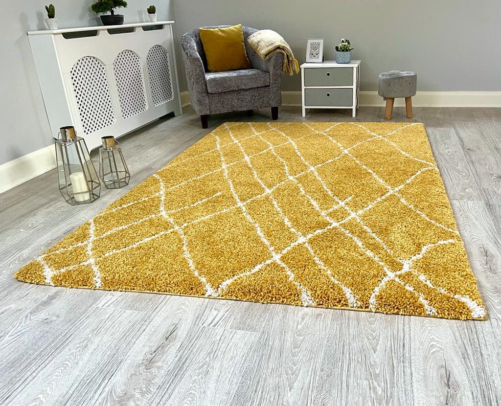 New Ochre Mustard Cream Soft Modern Shaggy Rug Moroccan Sketch