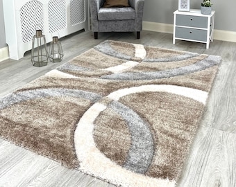 New Silky Soft Beige, Silver, Ivory, Hand Tufted Rings Design Shag Pile Rug