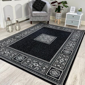 New Modern Dark Grey Border Rugs Mats Large Small Hallway Runners Area Carpet