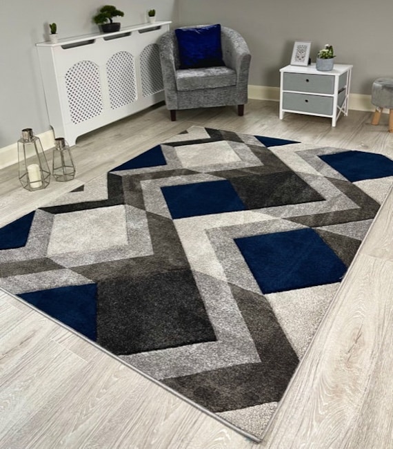 New Navy Blue Silver Grey Rugs Small Large Mats Modern Etsy UK