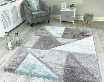 New Silky Soft Duck Egg Blue, Grey, Silver, Tufted Triangles 3D Design Rug