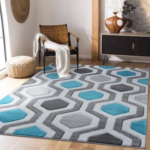 New Small Large Teal Blue Silver Grey Hexagon Design Area Rugs Mats