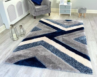 New Silky Soft Navy, Grey, Ivory, Hand Tufted Lines Design Shag Pile Rug