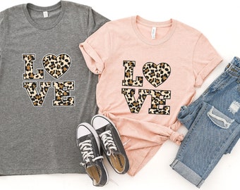 Cute Leopard Love Print Shirt, Leopard Love Text T Shirt, Cheetah Love Text Shirt, Trendy Leopard Love Print T Shirt, Cute Shirts for Women