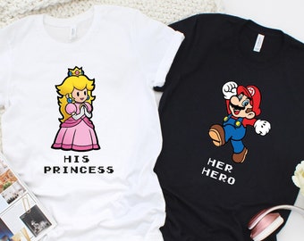 Il suo eroe e la sua principessa abbinano le camicie delle coppie, la camicia di San Valentino di Super Mario, il regalo di San Valentino per lei, la camicia di San Valentino di coppia