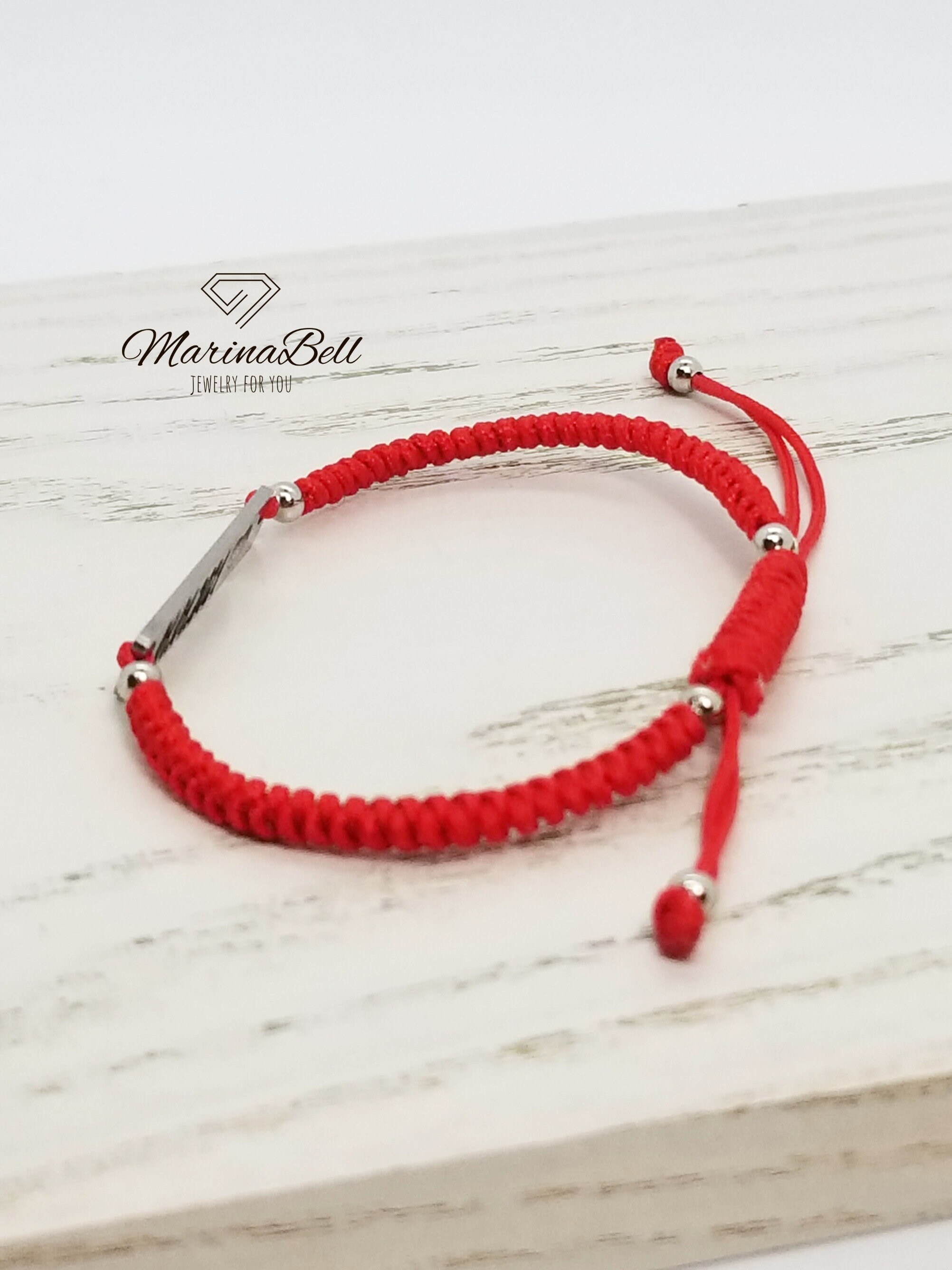 Personalized red thread bracelet with silver engraving date Etsy