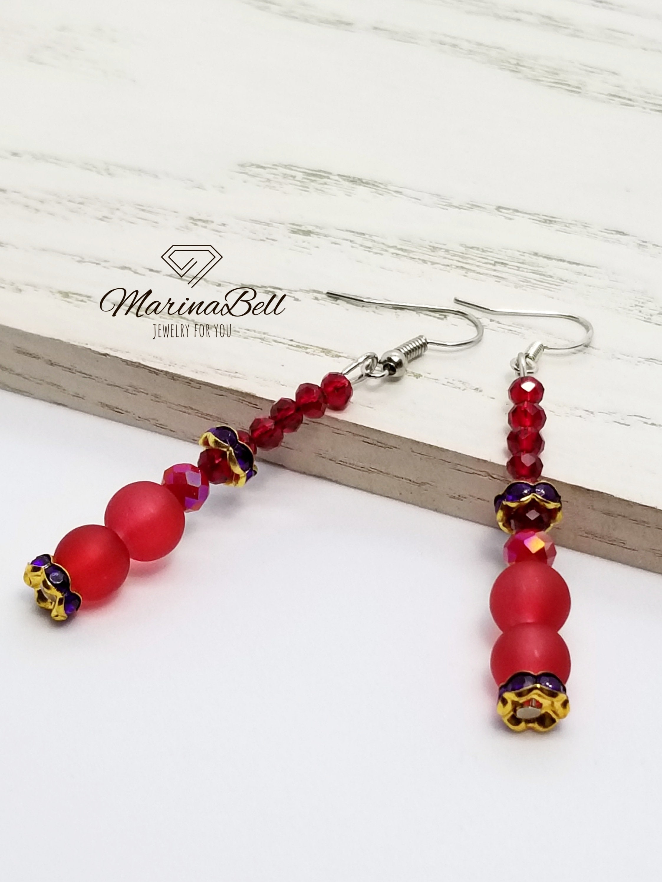 Long red dangle earrings Glass beads earrings Round beads Etsy